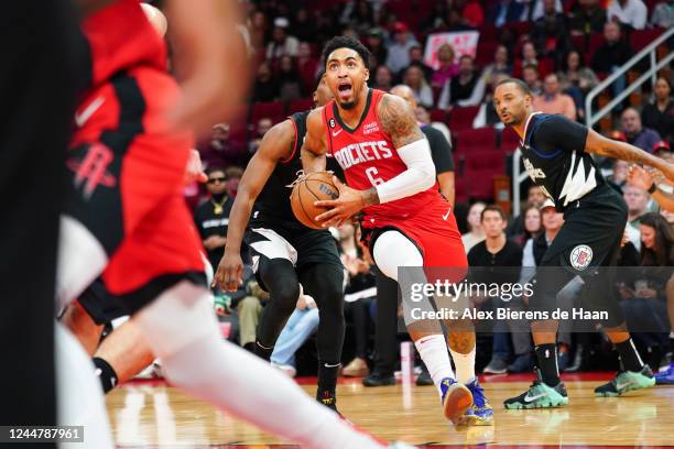 Kenyon Martin Jr. #6 of the Houston Rockets drives to the basket during the game against the LA Clippers at the Toyota Center on November 14, 2022 in...