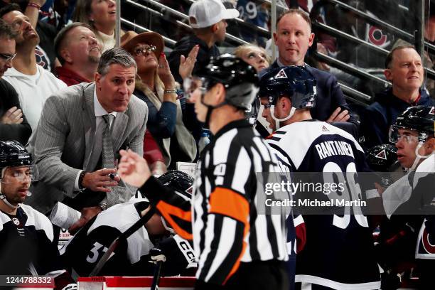 Head coach of the Colorado Avalanche, Jared Bednar, coaches his players in the third period against the St. Louis Blues at Ball Arena on November 14,...