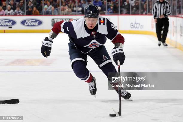 Evan Rodrigues of the Colorado Avalanche skates against the St. Louis Blues at Ball Arena on November 14, 2022 in Denver, Colorado. The Blues...