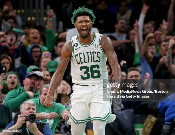 November 14: Marcus Smart of the Boston Celtics screams out after scoring during the second half of the NBA game against the Oklahoma City Thunder at...