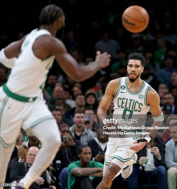 November 14: Jayson Tatum of the Boston Celtics passes the ball to Jaylen Brown during the first half of the NBA game against the Oklahoma City...