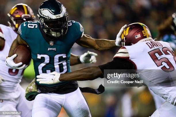Miles Sanders of the Philadelphia Eagles carries the ball against the Washington Commanders during the second half at Lincoln Financial Field on...