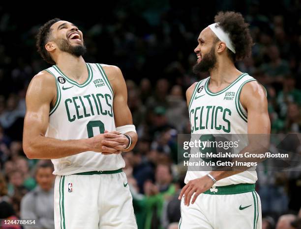 November 14: Jayson Tatum and Derrick White of the Boston Celtics share a laugh during the second half of the NBA game against the Oklahoma City...