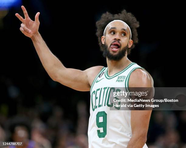 November 14: Derrick White of the Boston Celtics after hitting a 3-pointer during the second half of the NBA game against the Oklahoma City Thunder...