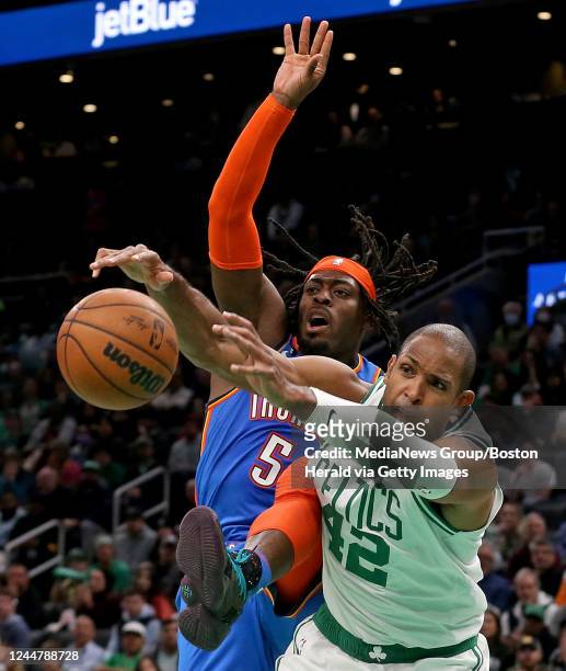 November 14: Al Horford of the Boston Celtics keeps Luguentz Dort of the Oklahoma City Thunder from scoring during the second half of the NBA game at...