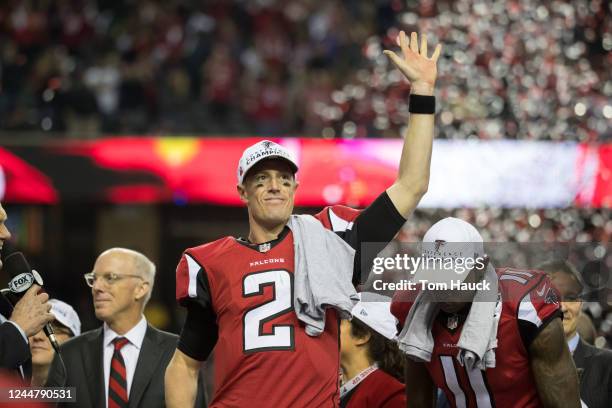 Atlanta Falcons quarterback Matt Ryan celebrates a victory after an NFL NFC Championship playoff game between the Green Bay Packers and the Atlanta...