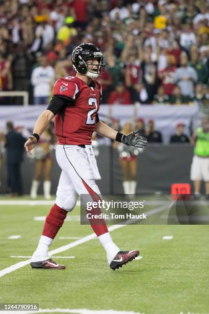 Atlanta Falcons quarterback Matt Ryan celebrates a touchdown during an NFL NFC Championship playoff game between the Green Bay Packers and the...