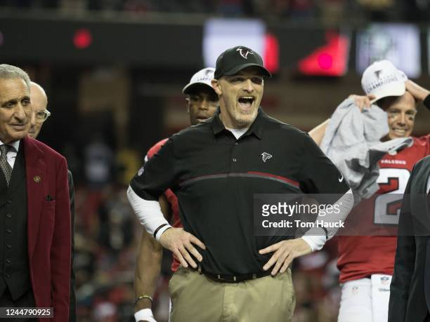 Head coach of the Atlanta Falcons Dan Quinn, celebrates after an NFL NFC Championship playoff game between the Green Bay Packers and the Atlanta...