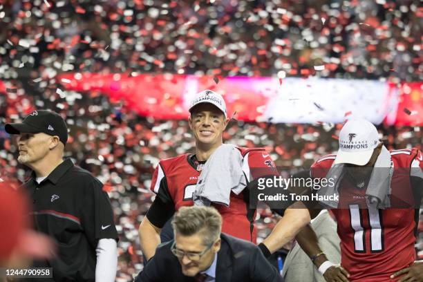 Atlanta Falcons quarterback Matt Ryan celebrates a victory after an NFL NFC Championship playoff game between the Green Bay Packers and the Atlanta...