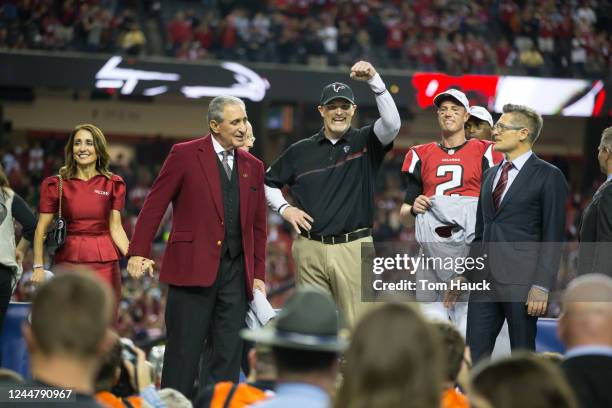 Head coach of the Atlanta Falcons Dan Quinn, celebrates after an NFL NFC Championship playoff game between the Green Bay Packers and the Atlanta...