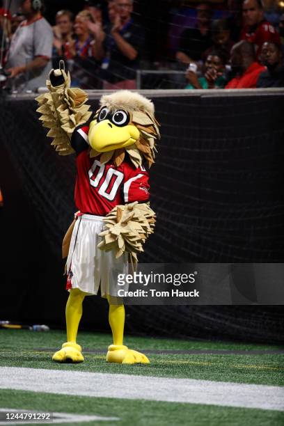 Atlanta Falcons mascot Frederick "Freddie" Falcon during a NFL game between between the Atlanta Falcons and the Green Bay Packers Sunday, Sept. 17 in...
