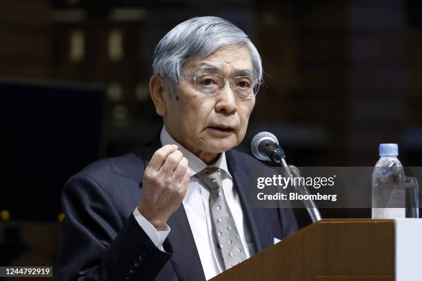 Haruhiko Kuroda, governor of the Bank of Japan , speaks at the Paris Europlace International Financial Forum in Tokyo, Japan, on Tuesday, Nov. 15,...