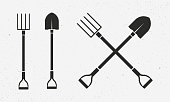 Gardening tools set. Farm icons isolated on white background. Shovel and pitchfork icons. Vector illustration