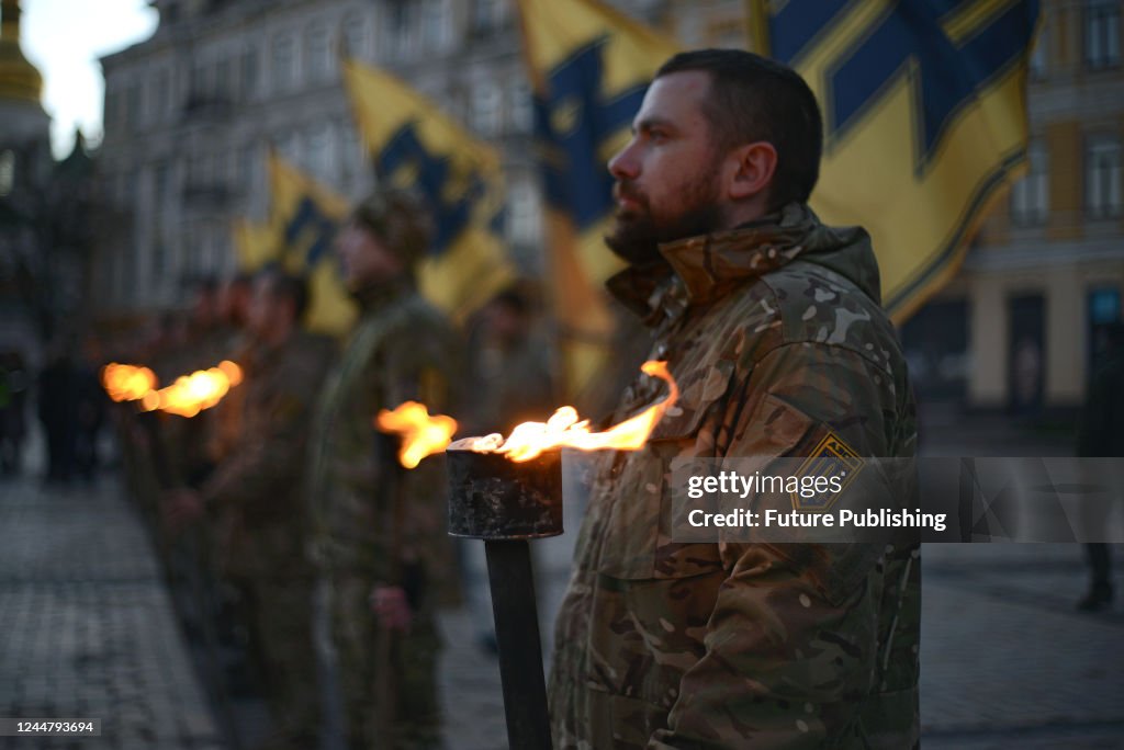 Azov Division KYIV, UKRAINE - NOVEMBER 13, 2022 - Soldiers of Azov regiment hold ...
