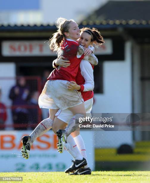 Julie Fleeting celebrates scoring Arsenal's 2nd goal with Kim Little during the Womens Champions League match between Arsenal Ladies and Rayo...