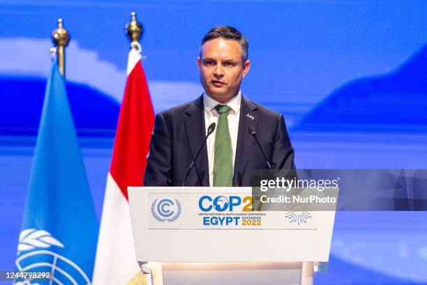 James P.E. Shaw, Minister of Climate Change of New Zealand addresses delegates in Plenary room Nefertiti during the resumed High-Level Segment during...