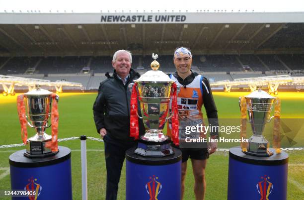Kevin Sinfield arrives at St James Park and is pictured with Sir Brendan Foster as part of his Ultra 7 in 7 Challenge on November 15, 2022 in...