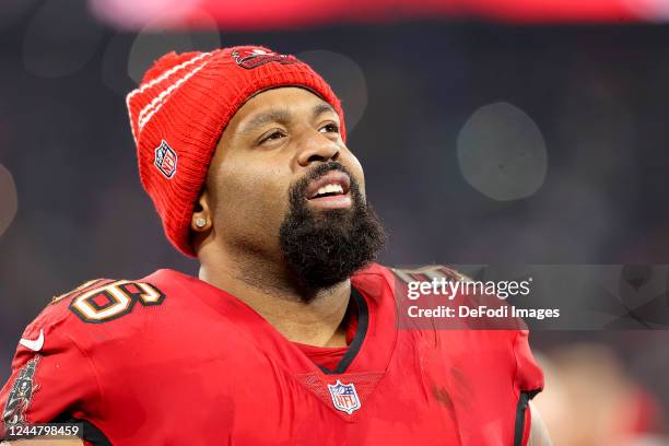 Akiem Hicks of Tampa Bay Buccaneers looks on during the NFL match between Seattle Seahawks and Tampa Bay Buccaneers at Allianz Arena on November 13,...