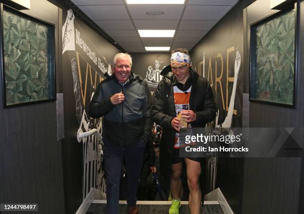 Kevin Sinfield arrives at St James Park and talks to Sir Brendan Foster as part of his Ultra 7 in 7 Challenge on November 15, 2022 in Newcastle upon...