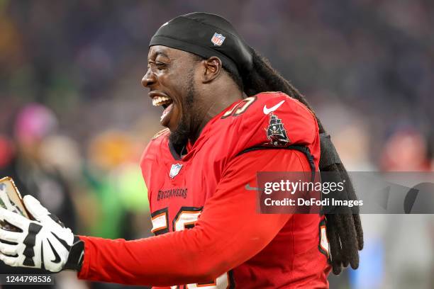 Rakeem Nunez-Roches of Tampa Bay Buccaneers takes a selfie while laughing during the NFL match between Seattle Seahawks and Tampa Bay Buccaneers at...