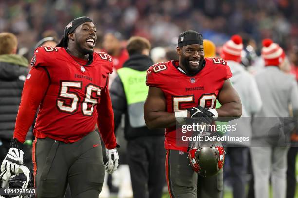 Rakeem Nunez-Roches of Tampa Bay Buccaneers and Genard Avery of Tampa Bay Buccaneers laugh after the match during the NFL match between Seattle...