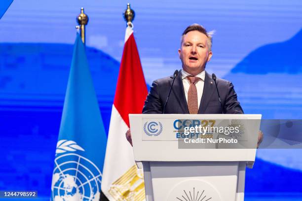 Christopher Bowen, Minister of Climate Change and Energy of Australia addresses delegates in Plenary room Nefertiti during the resumed High-Level...