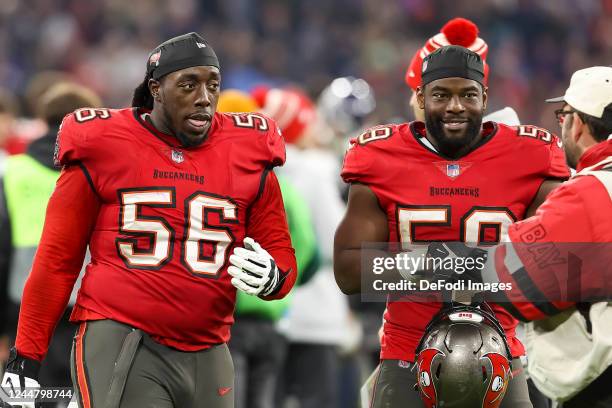 Rakeem Nunez-Roches of Tampa Bay Buccaneers and Genard Avery of Tampa Bay Buccaneers laugh after the match during the NFL match between Seattle...