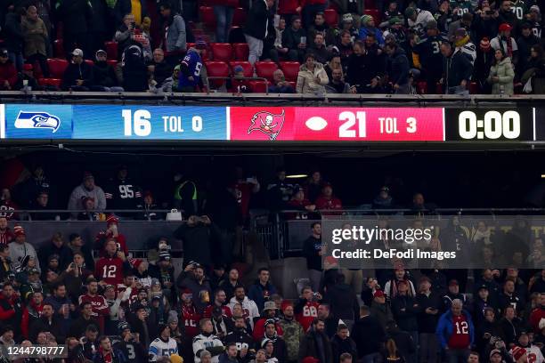 Final standings of the match 21 to 16 during the NFL match between Seattle Seahawks and Tampa Bay Buccaneers at Allianz Arena on November 13, 2022 in...