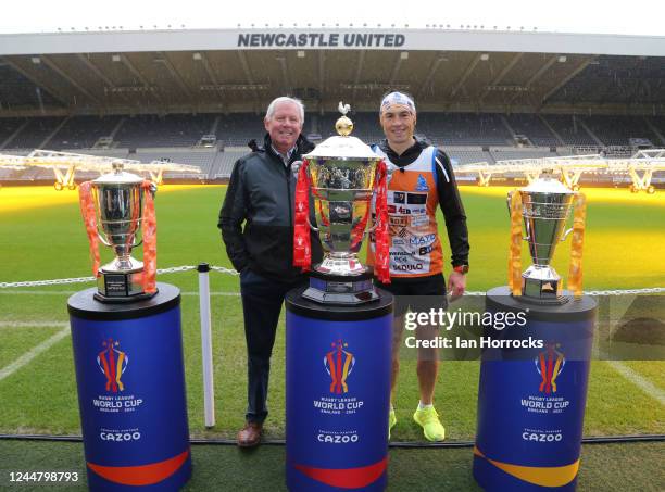 Kevin Sinfield arrives at St James Park and is pictured with Sir Brendan Foster as part of his Ultra 7 in 7 Challenge on November 15, 2022 in...