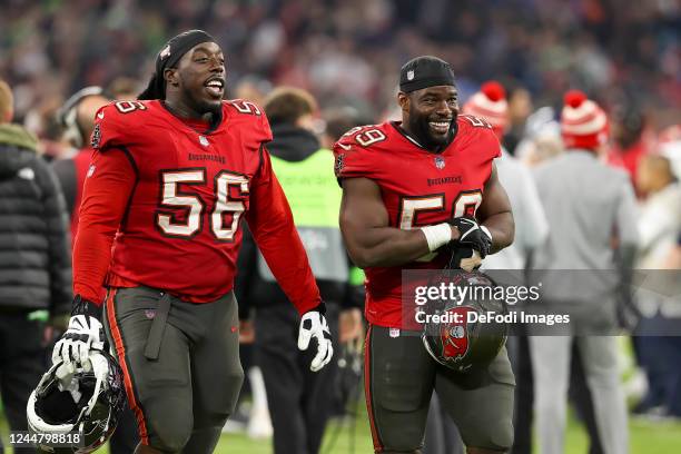 Rakeem Nunez-Roches of Tampa Bay Buccaneers and Genard Avery of Tampa Bay Buccaneers laugh after the match during the NFL match between Seattle...