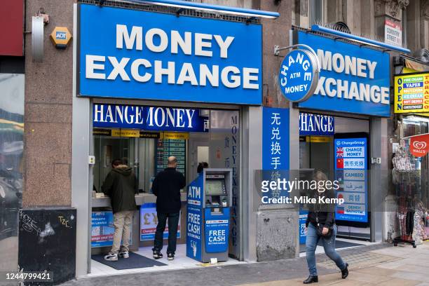 Money Exchange shop predominantly for tourists in Leicester Square on 13th October 2022 in London, United Kingdom. These shops allow customers to...