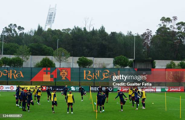 Portugal players in action during the Portugal Training and Press Conference at Cidade do Futebol FPF on November 15, 2022 in Oeiras, Portugal.