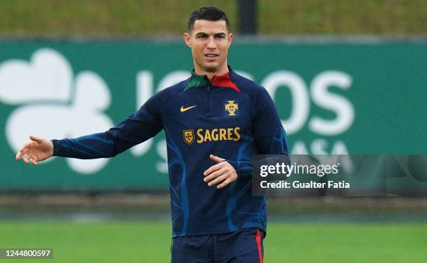 Cristiano Ronaldo of Portugal in action during the Portugal Training and Press Conference at Cidade do Futebol FPF on November 15, 2022 in Oeiras,...