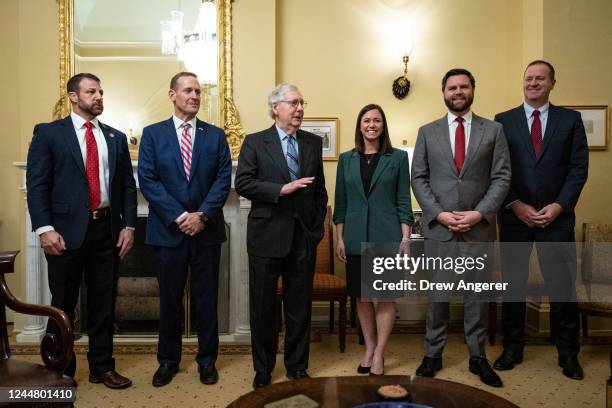 Sen.-elect Markwayne Mullin , Sen.-elect Ted Budd , Senate Minority Leader Mitch McConnell , Sen.-elect Katie Britt , Sen.-elect JD Vance and...