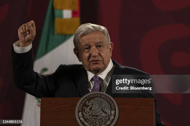 Andres Manuel Lopez Obrador, Mexico's president, speaks during a news conference in Mexico City, Mexico, on Tuesday, Nov. 15, 2022. Lopez...