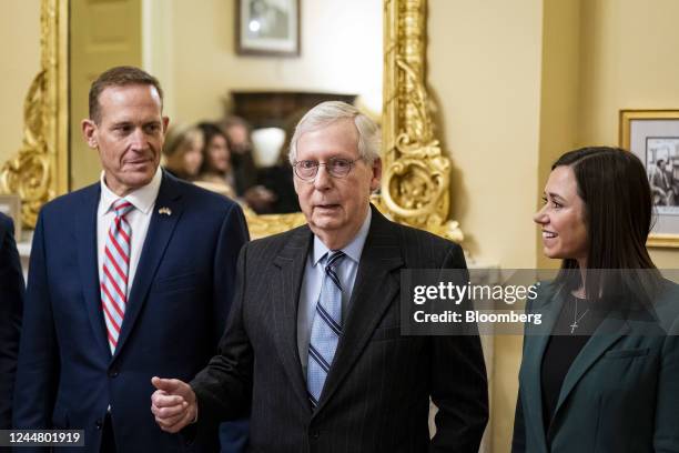 Senate Minority Leader Mitch McConnell, a Republican from Kentucky, center, speaks to members of the media while meeting with Senator-elect Ted Budd,...