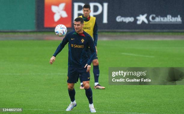 Cristiano Ronaldo of Portugal in action during the Portugal Training and Press Conference at Cidade do Futebol FPF on November 15, 2022 in Oeiras,...