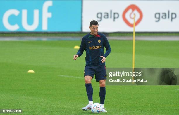 Cristiano Ronaldo of Portugal in action during the Portugal Training and Press Conference at Cidade do Futebol FPF on November 15, 2022 in Oeiras,...
