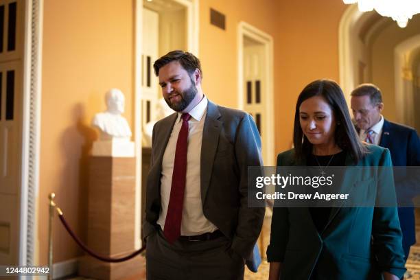 Sen.-elect JD Vance and Sen.-elect Katie Britt leave the office of Senate Minority Leader Mitch McConnell at the U.S. Capitol on November 15, 2022 in...