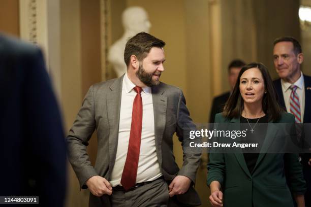 Sen.-elect JD Vance and Sen.-elect Katie Britt leave the office of Senate Minority Leader Mitch McConnell at the U.S. Capitol on November 15, 2022 in...