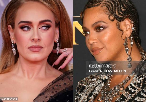 This combination of file pictures created on November 15, 2022 shows British singer Adele arriving for the BRIT Awards 2022 in London; and US singer...