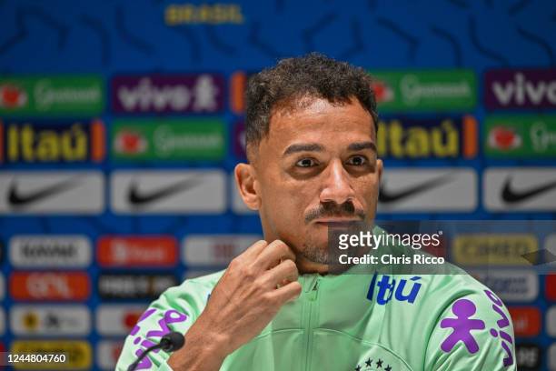 Danilo of Brazil speaks to the press during a Press conference during the Brazil Training Session at Juventus Training Center on November 15, 2022 in...