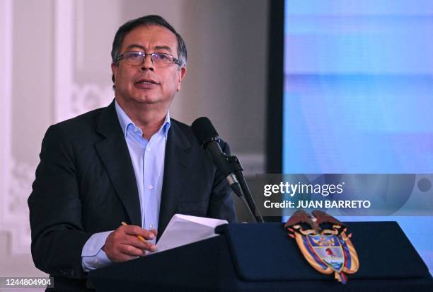 Colombian President Gustavo Petro speaks during a press conference to mark his first 100 days in office at the Narino presidential palace in Bogota...