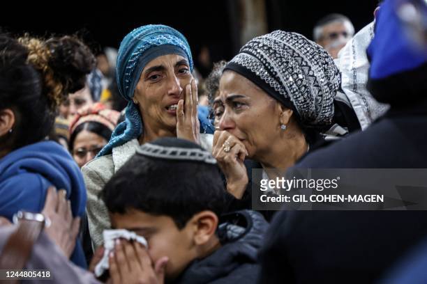 Mourners react during the funeral of Tamir Avichai, one of three Israelis killed in an attack by a Palestinian assailant near the Ariel settelment in...