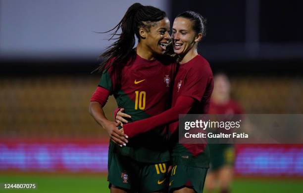 Jessica Silva of Portugal celebrates with teammate Tatiana Pinto of Portugal after scoring a goal during the Women's International Friendly match...