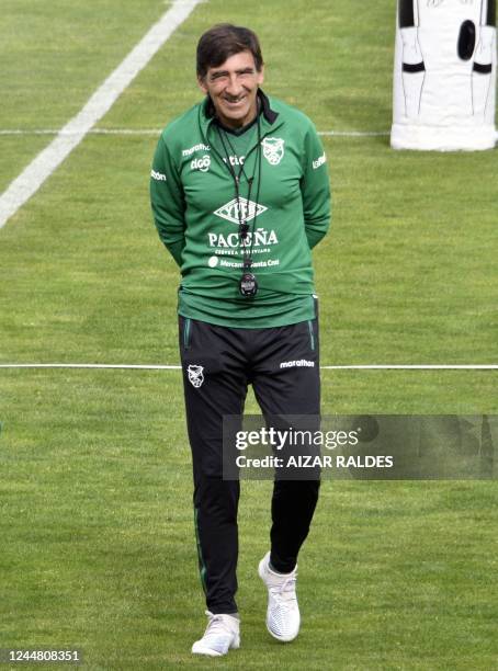 Bolivia's football team coach Gustavo Costas smiles during a training session at the Hernando Siles stadium in La Paz on November 15 ahead of a...