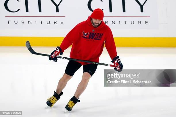 Alex Ovechkin of the Washington Capitals skates on the ice prior to warm ups and the game against the Florida Panthers at the FLA Live Arena on...