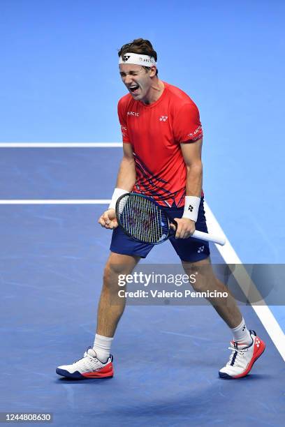 Casper Ruud of Norway celebrates victory during the round robin match between Taylor Fritz of United States during during day three of the Nitto ATP...