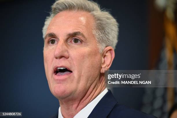 House Minority Leader Kevin McCarthy, R-CA, speaks after he was nominated to be House Speaker at the US Capitol in Washington, DC on November 15,...