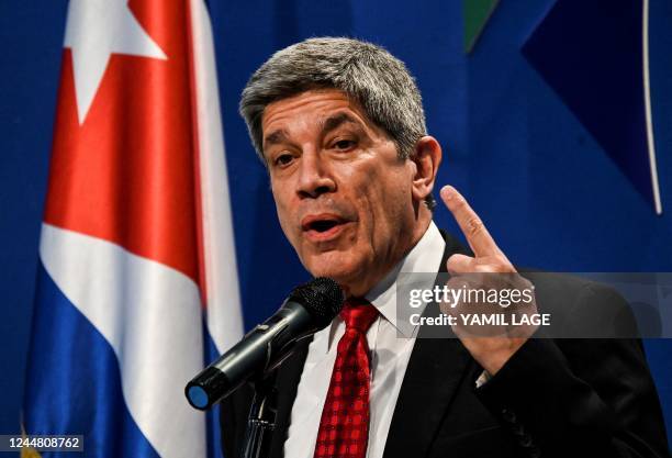 Cuban Vice Foreign Affair Minister Carlos Fernández de Cossío speaks during a press conference in Havana, on November 15 after a meeting with US...